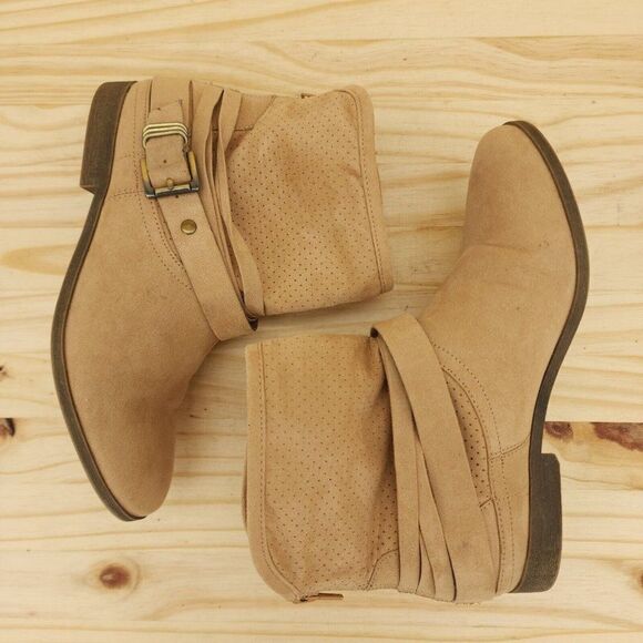 Carlos Womens Abbey Western Ankle Boots 7 Tan Fabric Strappy Chic Booties - Picture 6 of 11